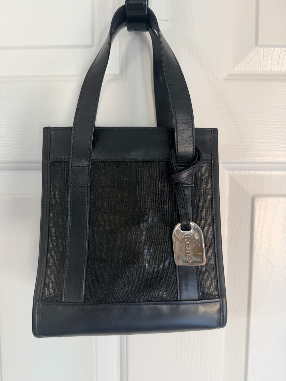 Gucci Black Leather and Mesh Messenger Bag with Branded Tag